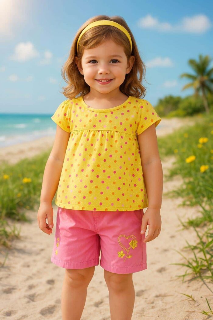 Sinsay Baby Girl's Yellow Polka Dot Top & Embroidered Short Set - Image 1