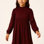 Sinsay Girl's Long Sleeve Ruffled Burgundy Dress