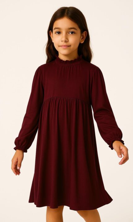 Sinsay Girl's Long Sleeve Ruffled Burgundy Dress