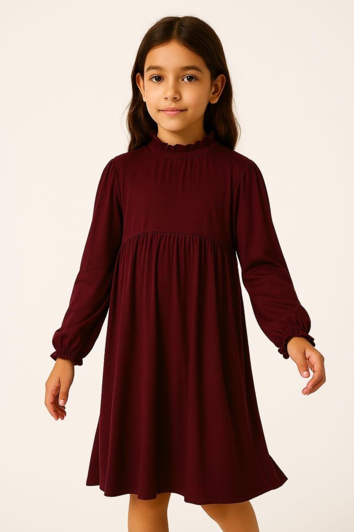 Sinsay Girl's Long Sleeve Ruffled Burgundy Dress - Image 1