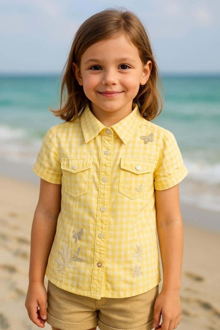 Sinsay Girl's Yellow Gingham Embroidered Shirt - Image 1