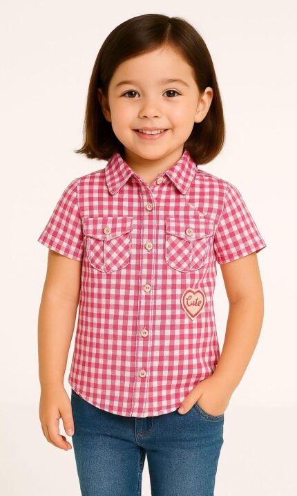 Sinsay Girl's Pink Gingham Shirt with"Cute" Patch
