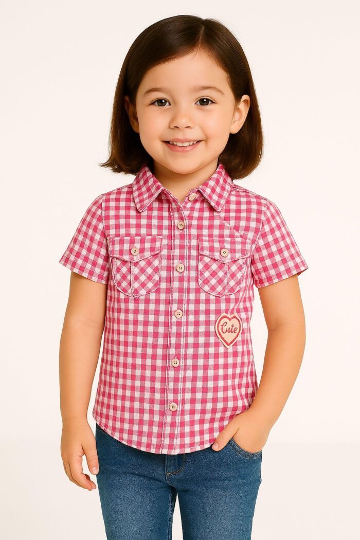Sinsay Girl's Pink Gingham Shirt with"Cute" Patch - Image 1