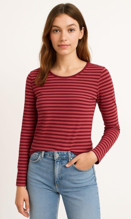 Sinsay Stripped Long Sleeve Top - Burgundy & Black
