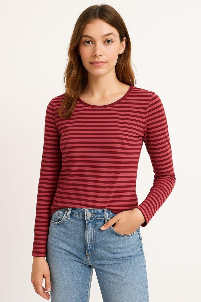 Sinsay Stripped Long Sleeve Top - Burgundy & Black - Image 1