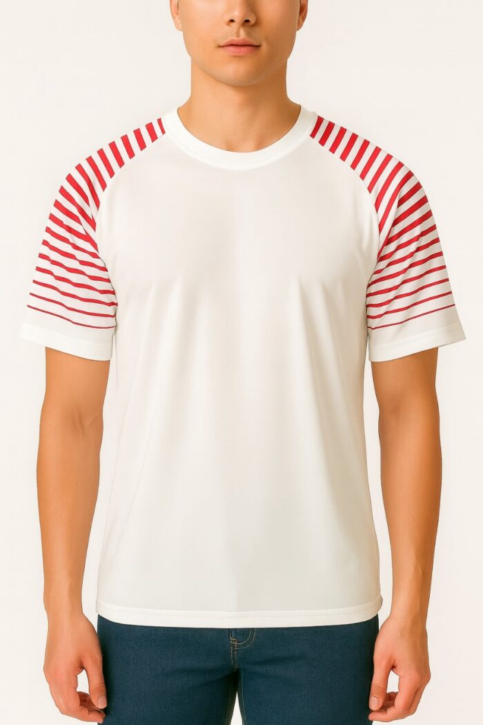 ⁦Badger Sport Men’s White T-Shirt with Red Striped Sleeves⁩ - الصورة ⁦3⁩
